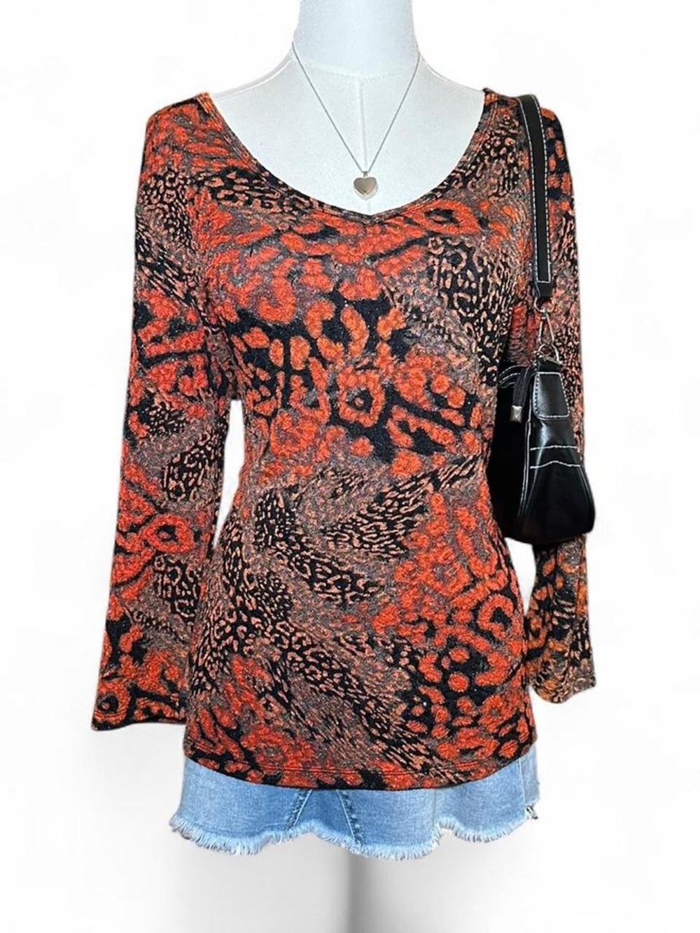 Y2K Peter Nygard Orange and Black Leopard Print Long Sleeve Top Boho Mob Wife